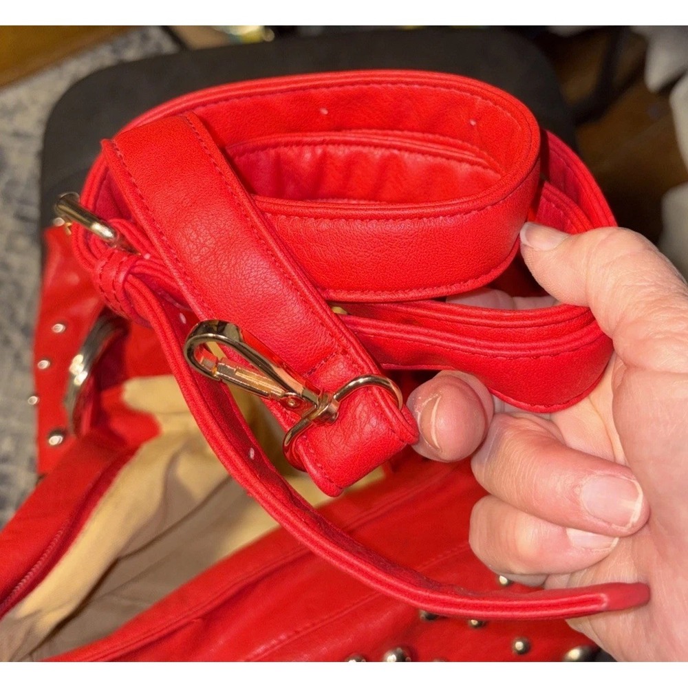 Large Red Rock silver stud Leather Crossbody Bag - Picture 8 of 13